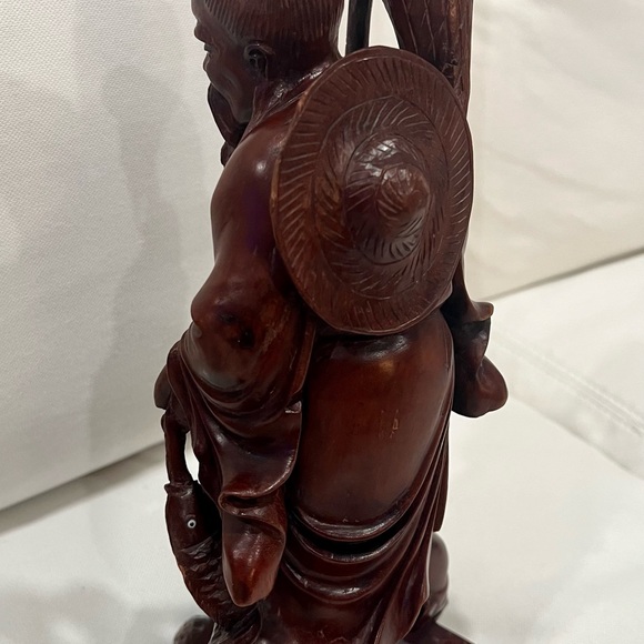 19th Cent Vintage Japanese Carved Wood Fisherman with Boy, Fish and Fishing Net - Picture 9 of 12